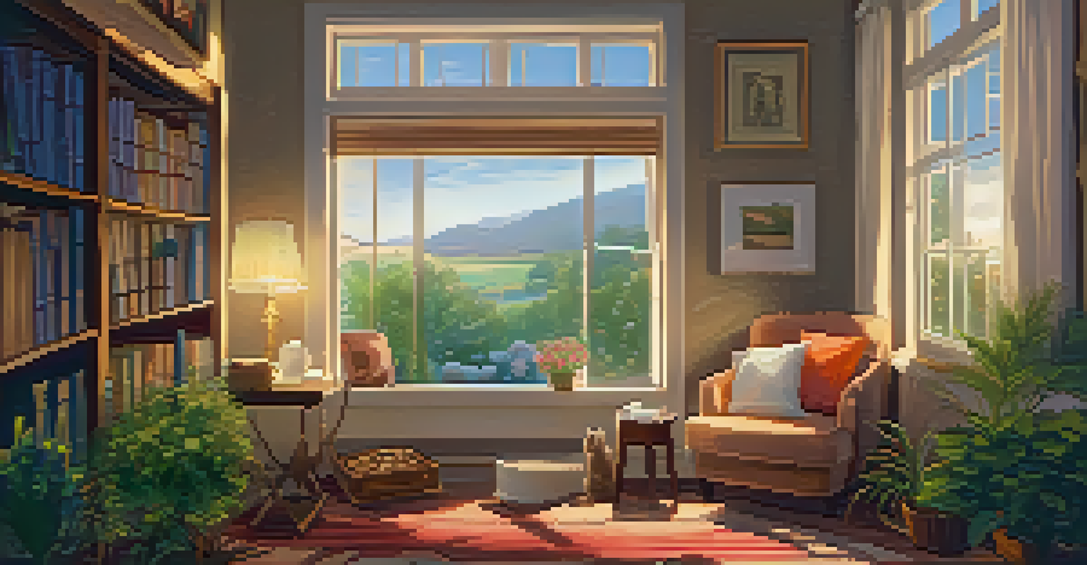 A woman relaxing in a cozy living room with a blanket and a book, surrounded by warm lighting and a view of a garden.