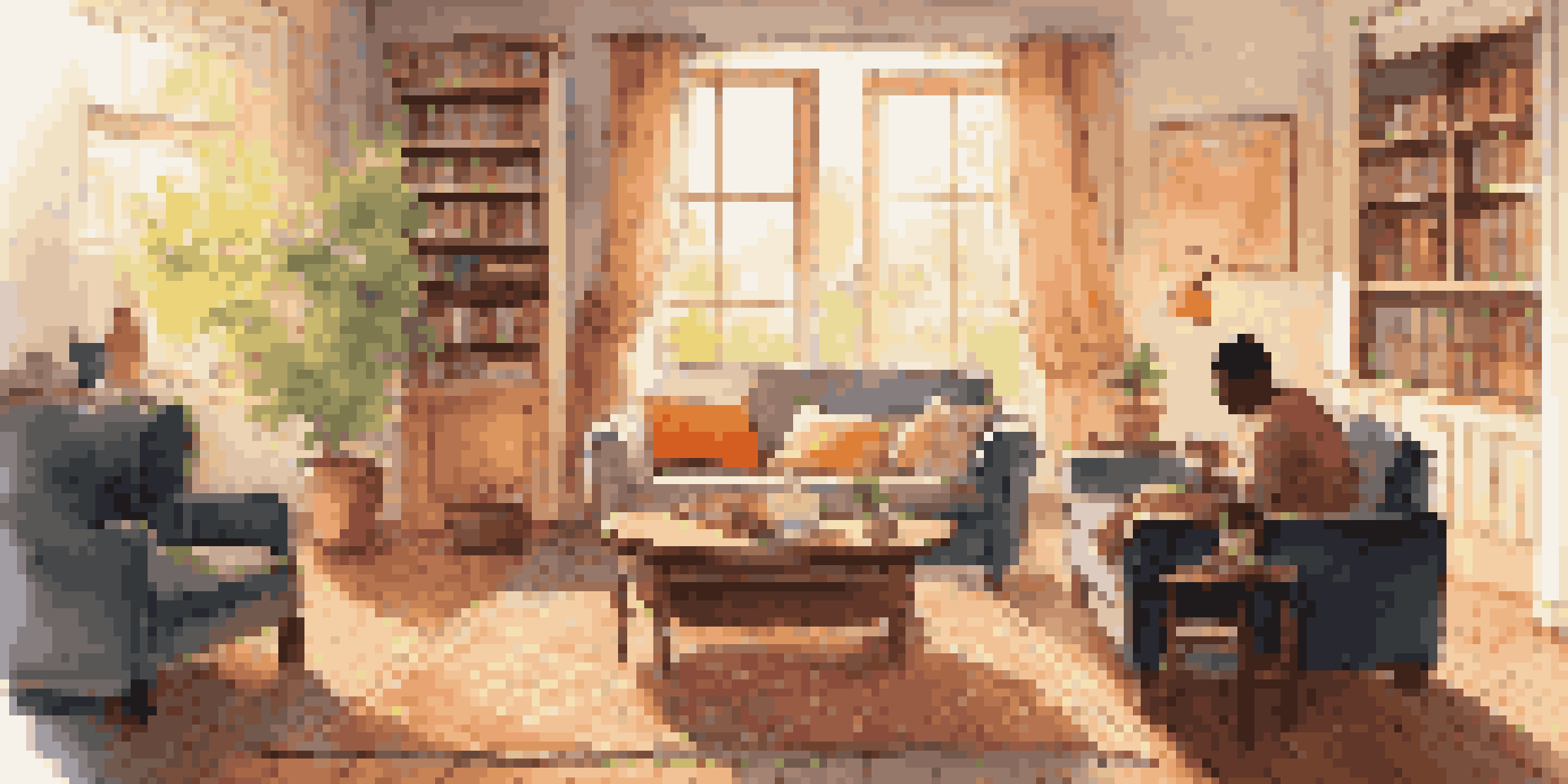 A cozy living room with a couch and a table, where a trusted adult and a young person are having a supportive conversation.