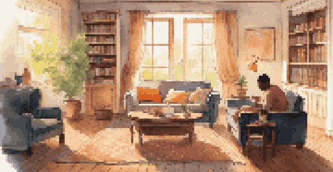 A cozy living room with a couch and a table, where a trusted adult and a young person are having a supportive conversation.