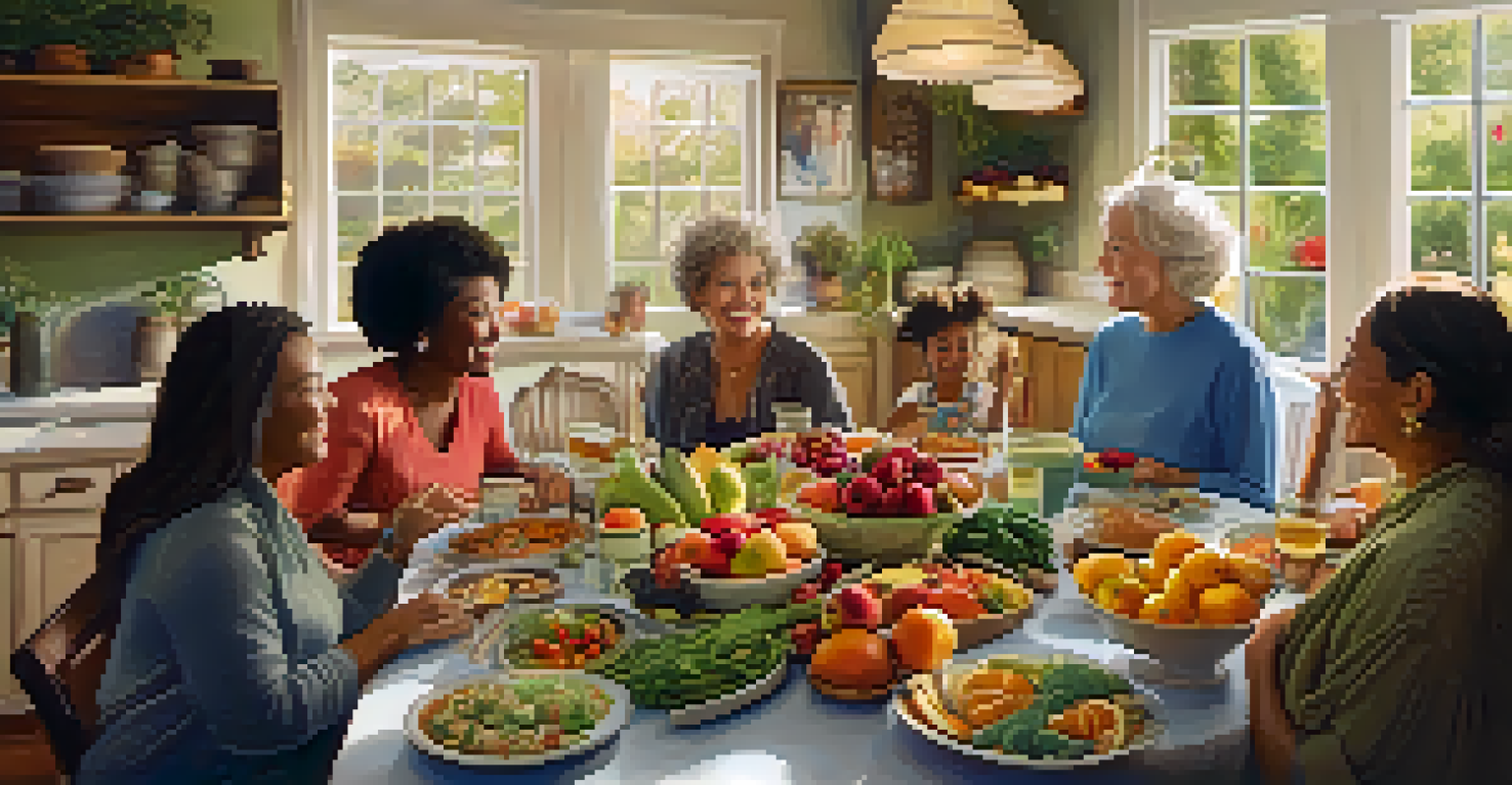 A diverse group of women sharing healthy meals and laughter in a cozy kitchen, surrounded by colorful fruits and vegetables.