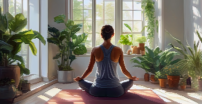 A person practicing mindfulness meditation in a sunlit room surrounded by plants, radiating peace and tranquility.
