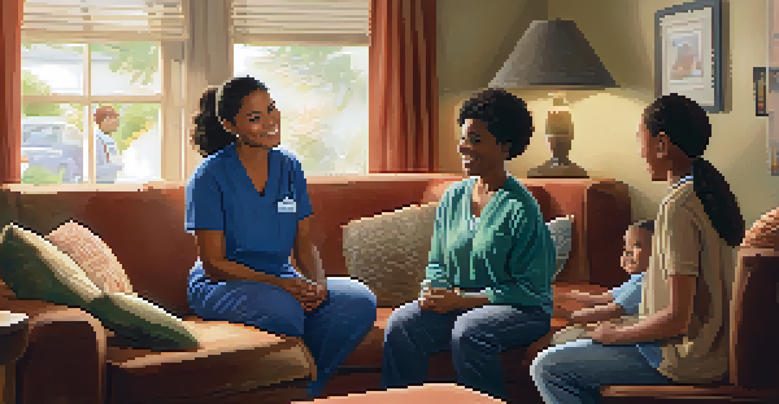 A community health worker engaging with a family in a warm living room, highlighting trust and connection in health discussions.