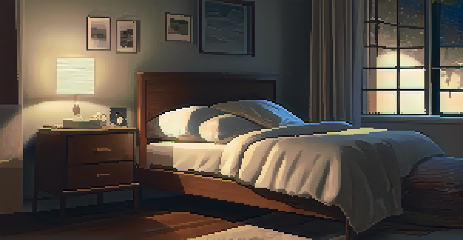 A serene bedroom at night with a person peacefully sleeping in a comfortable bed, illuminated by moonlight, and a bedside table with a book and water.