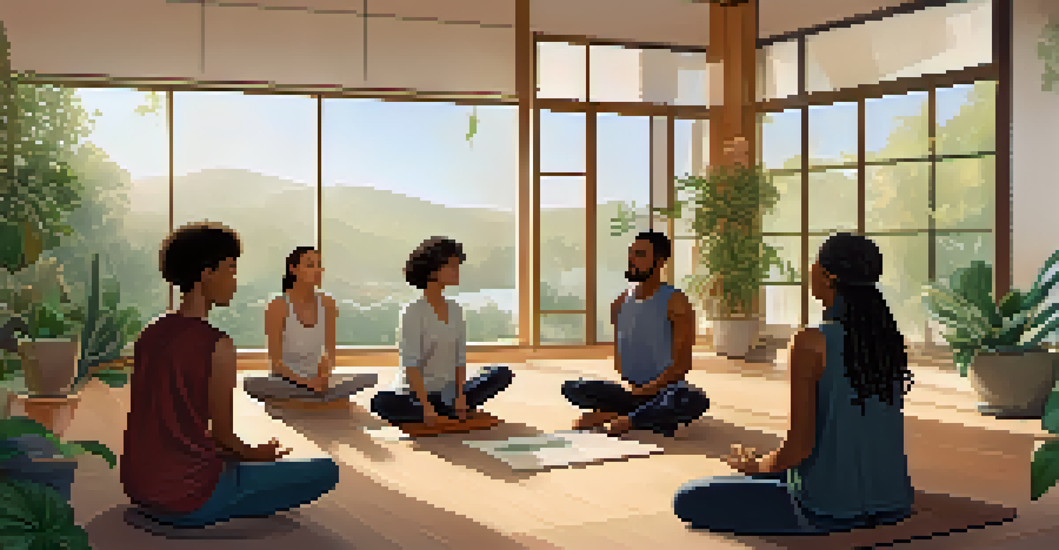 A health coach leading a mindfulness workshop with diverse participants in a cozy indoor setting.
