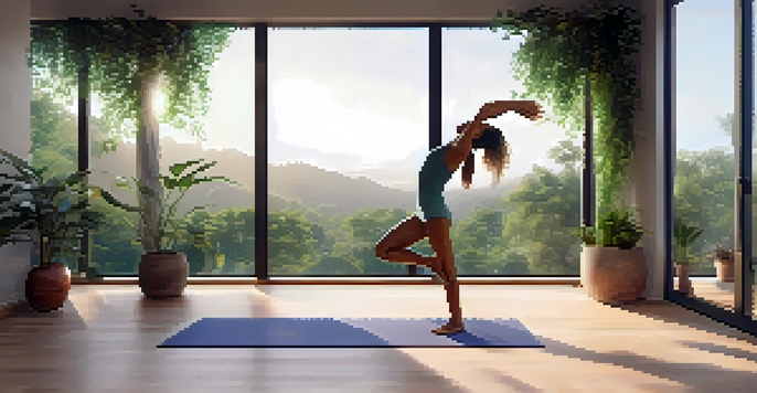 A person practicing Tree Pose in a bright yoga studio with large windows and plants, creating a peaceful atmosphere.