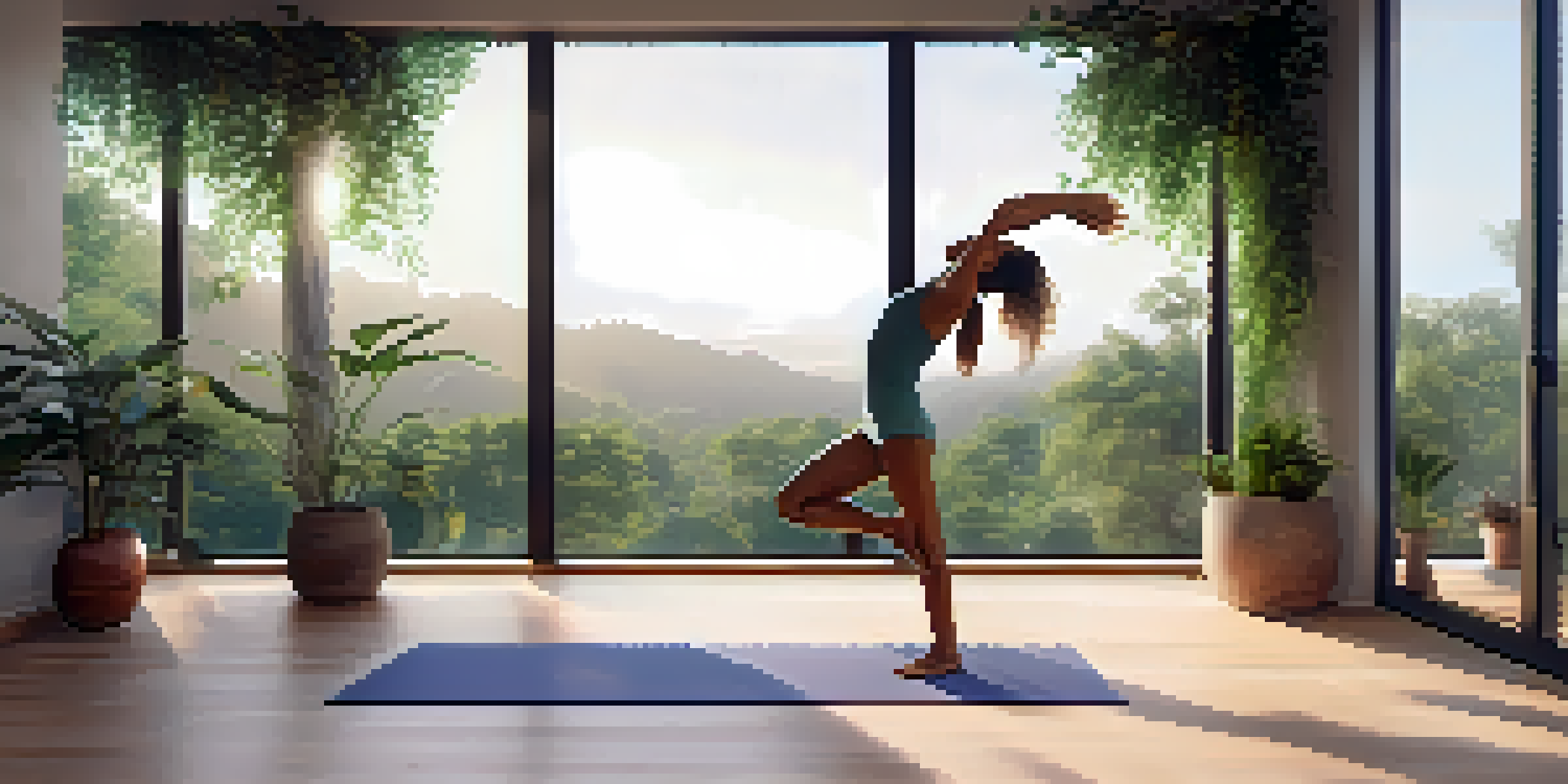 A person practicing Tree Pose in a bright yoga studio with large windows and plants, creating a peaceful atmosphere.