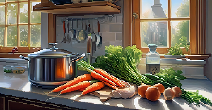 A kitchen countertop with a pot of chicken broth simmering, surrounded by fresh carrots, onions, and herbs with sunlight streaming in.
