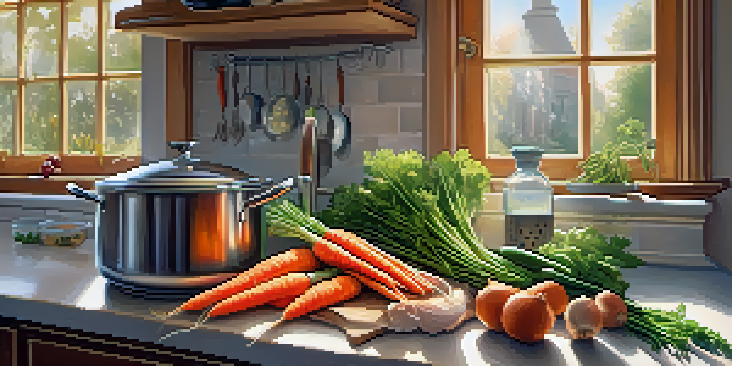 A kitchen countertop with a pot of chicken broth simmering, surrounded by fresh carrots, onions, and herbs with sunlight streaming in.
