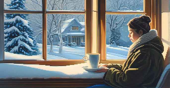 A person sitting by a window on a snowy day, holding a warm drink, with a cozy interior featuring soft lighting and plants.
