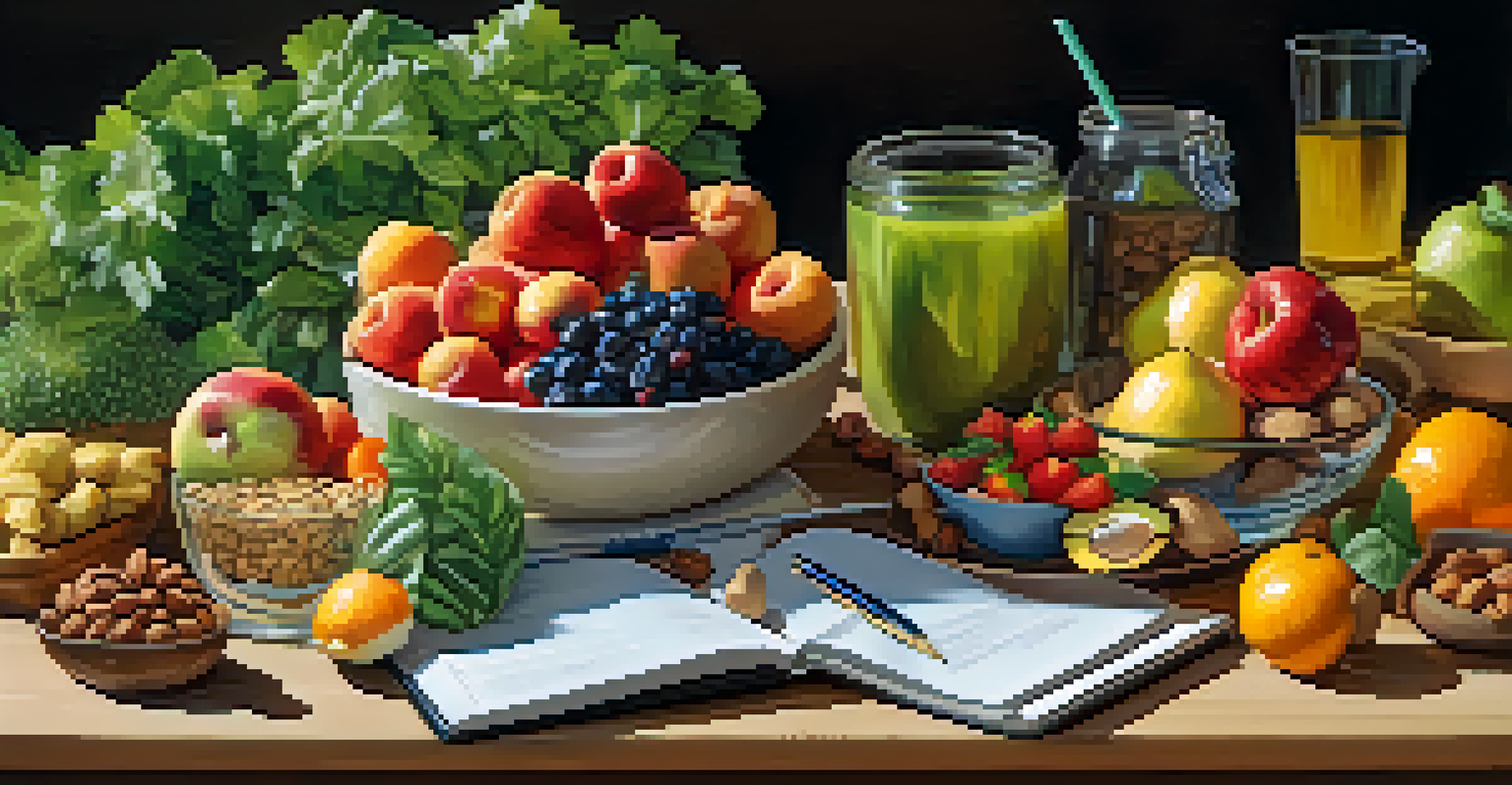 A balanced meal with fruits, vegetables, nuts, and grains on a wooden table, alongside infused water and a journal, representing nutrition and self-care.
