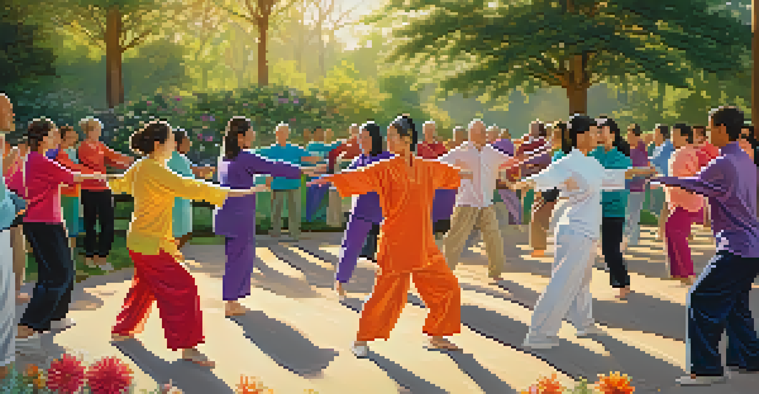 Attendees engaged in a group tai chi session in a sunlit garden, surrounded by colorful flowers.