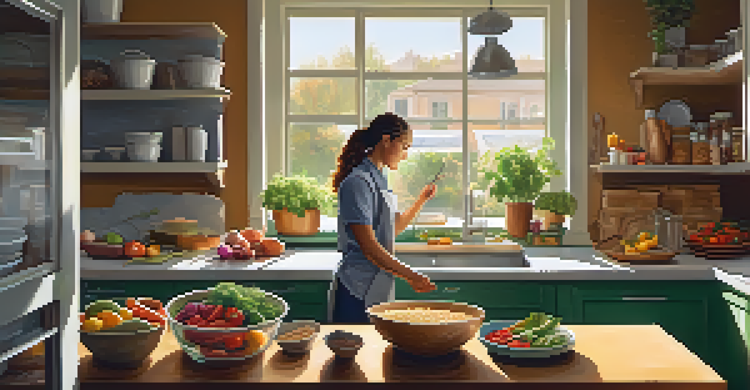 A health coach demonstrating meal preparation in a bright kitchen, with fresh ingredients and a client taking notes.