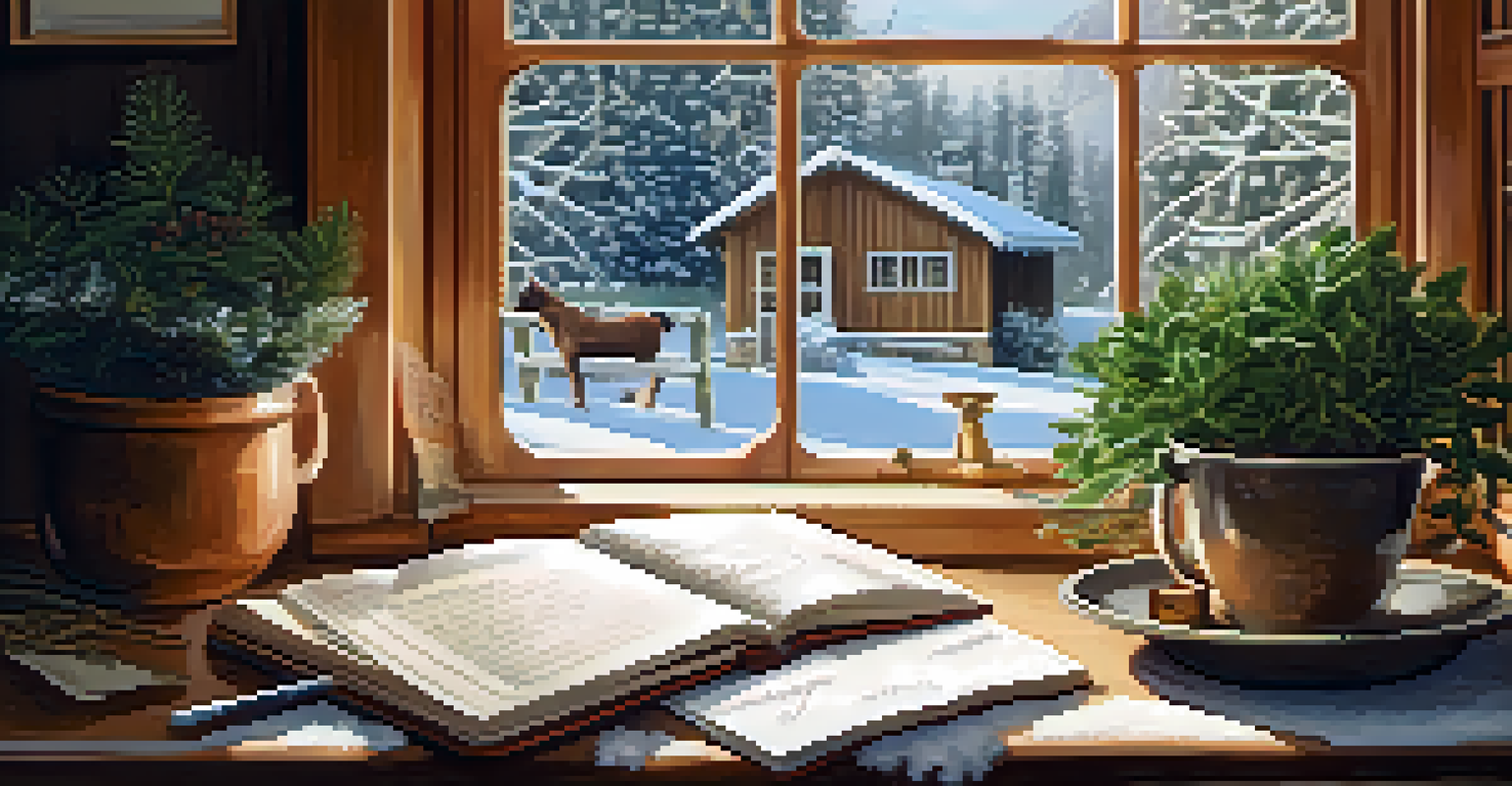 A cozy indoor space with a person journaling by a window while it snows outside.