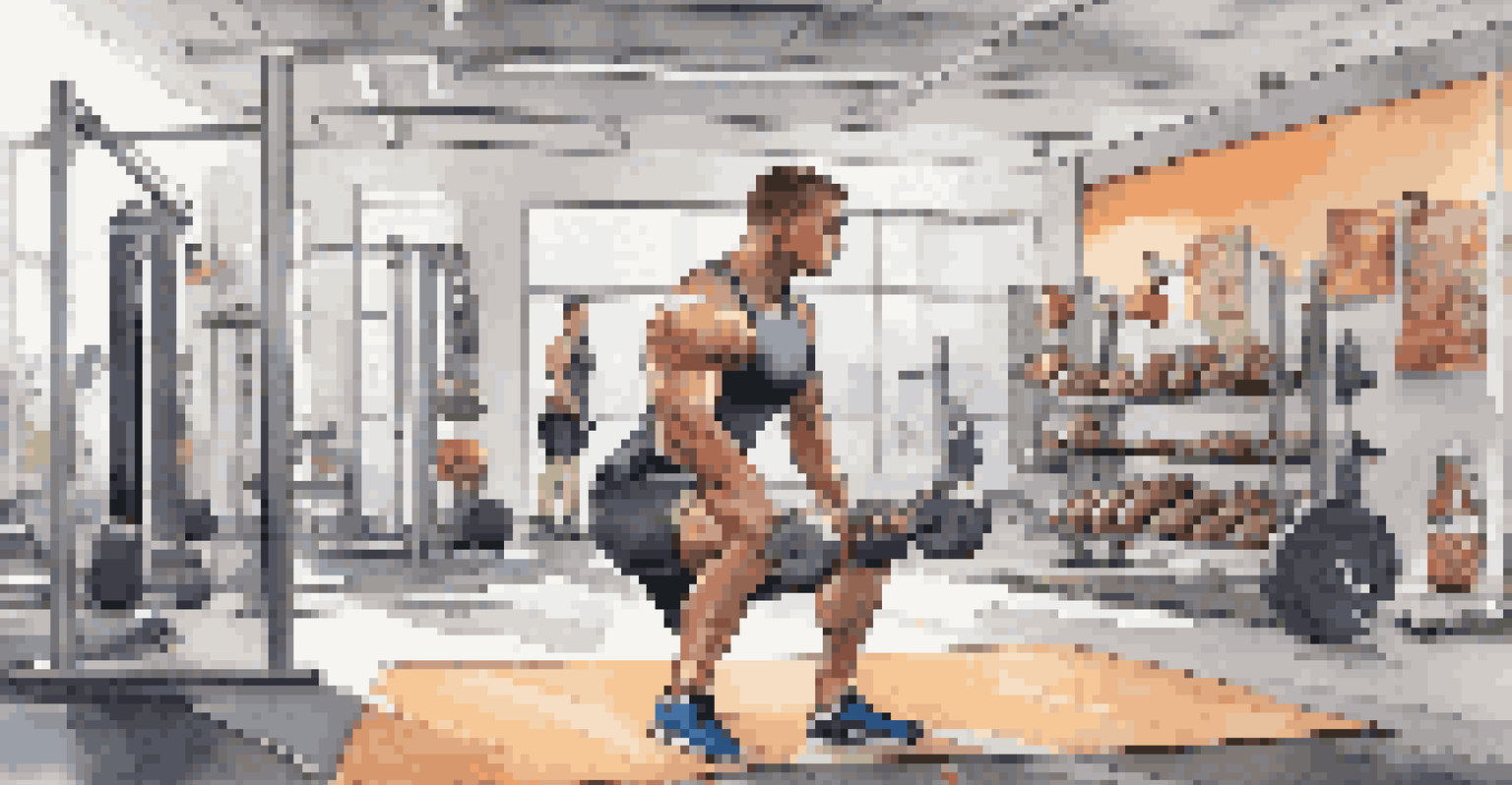 An athlete engaged in resistance training in a bright gym, surrounded by weights and protein-rich snacks like protein bars and shakes.