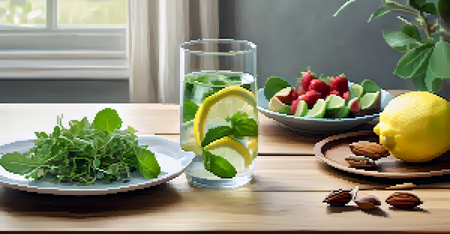 A peaceful dining table with a plate of fresh salad and a glass of infused water, surrounded by natural light.