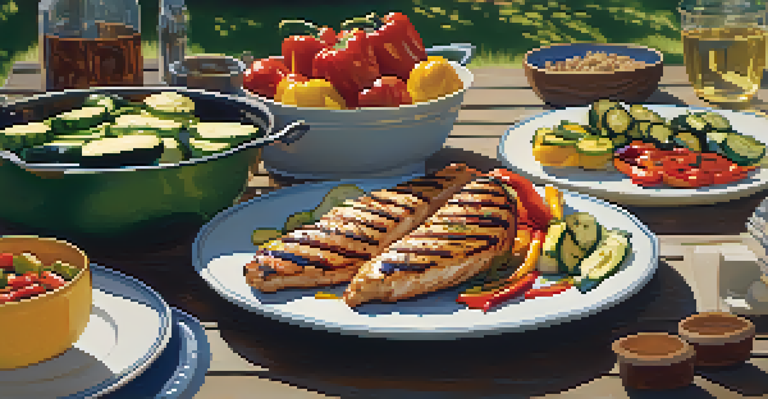 An outdoor barbecue with grilled chicken and vegetables, set during a summer evening with friends in the background.