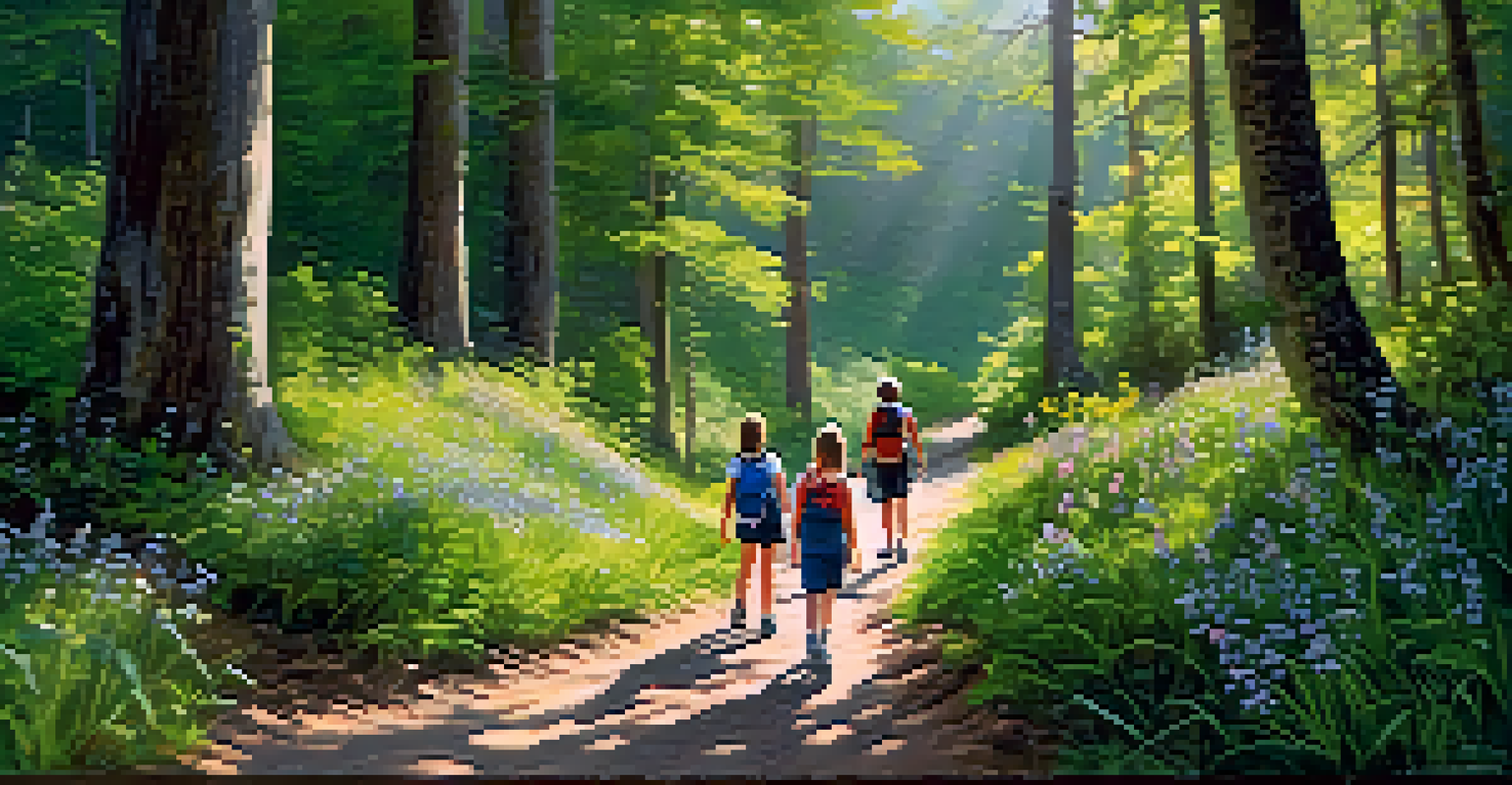 A family hiking on a beautiful trail surrounded by trees and flowers.