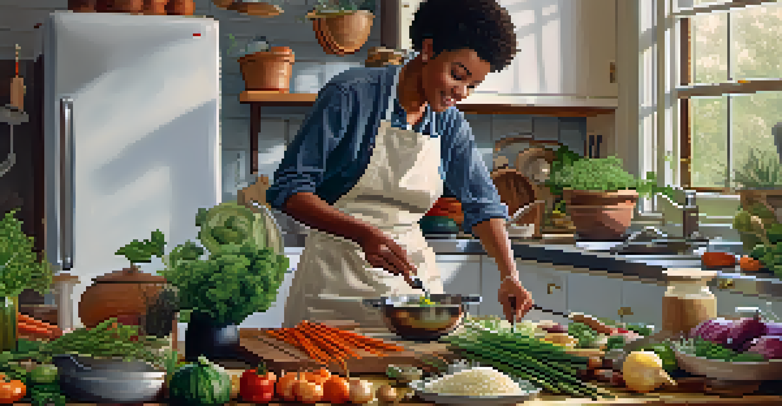 A person happily preparing a colorful meal in a warmly lit kitchen, emphasizing the joy of culinary exploration.