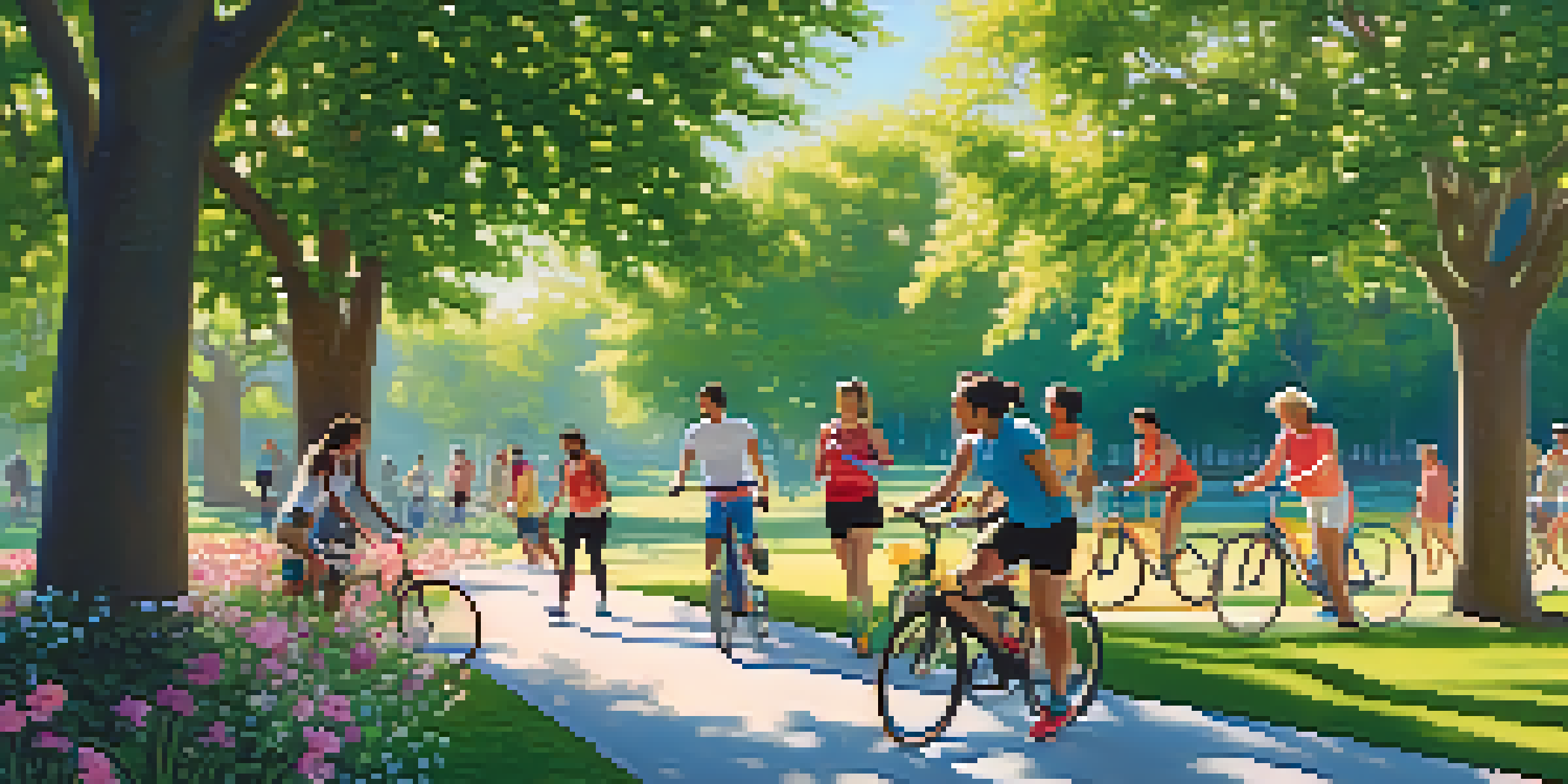 A vibrant park filled with people exercising, including joggers, yoga practitioners, and cyclists, surrounded by greenery and flowers under a sunny sky.