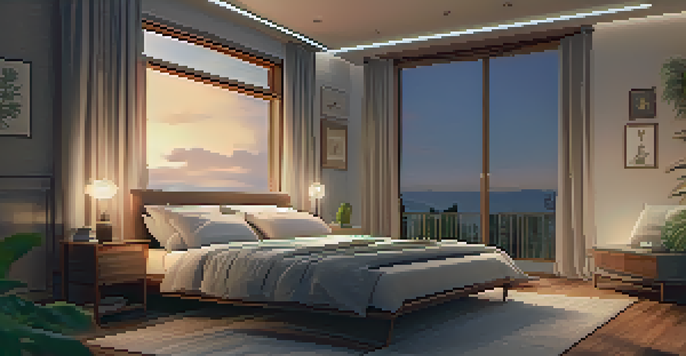 A cozy bedroom with a warm glow from a bedside lamp, soft pillows, and an open book on the table, indicating a peaceful environment for sleep.