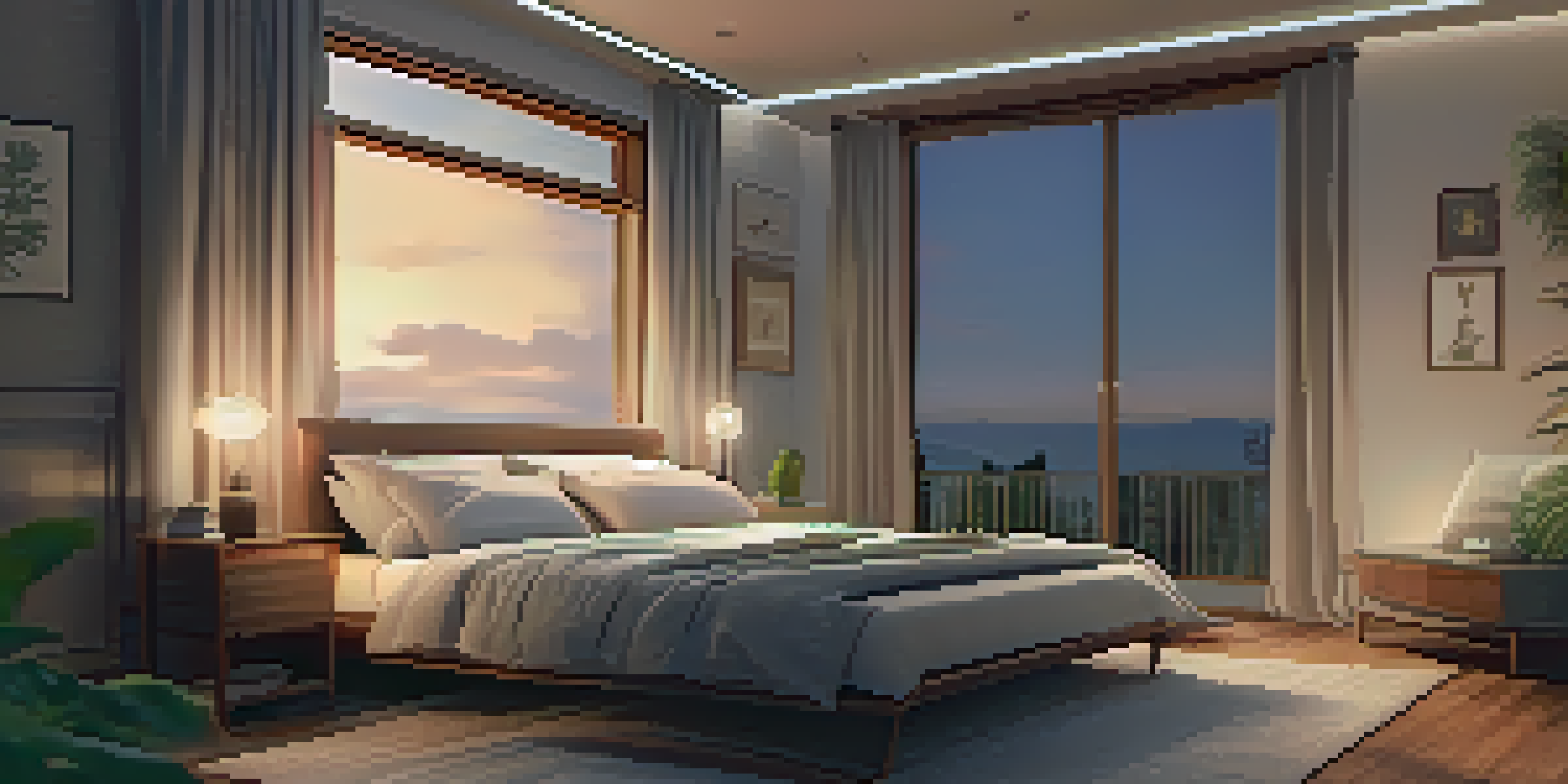 A cozy bedroom with a warm glow from a bedside lamp, soft pillows, and an open book on the table, indicating a peaceful environment for sleep.