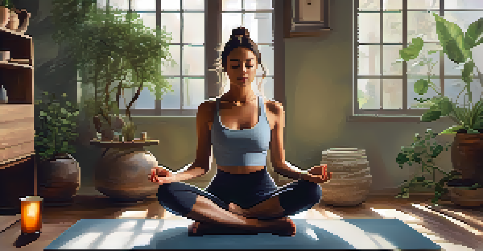 A woman practicing mindfulness breathing in a cozy room with plants and a cup of tea.