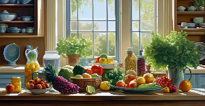 A cozy kitchen with a wooden table filled with fresh fruits and vegetables, illuminated by soft morning light.