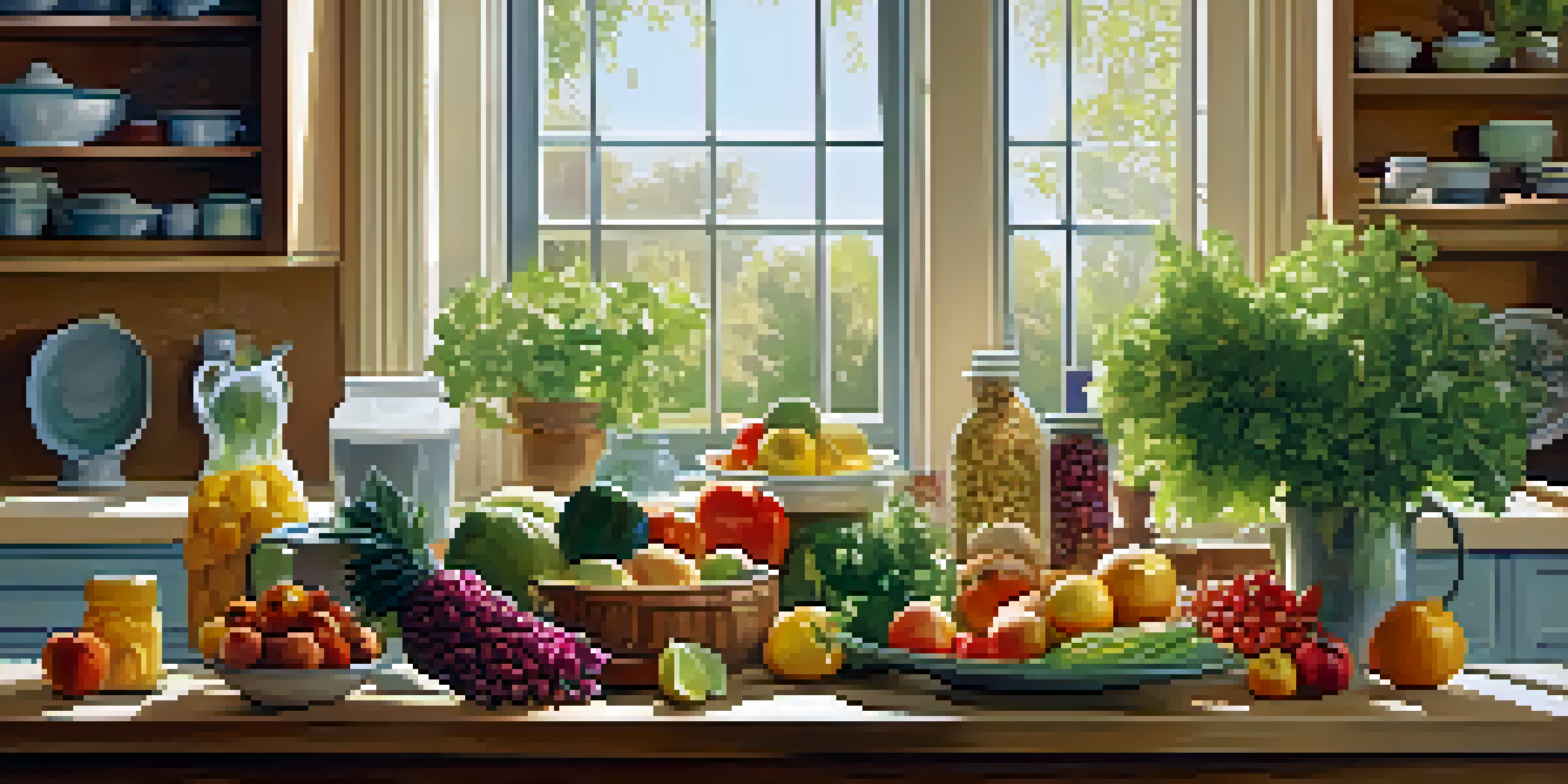 A cozy kitchen with a wooden table filled with fresh fruits and vegetables, illuminated by soft morning light.