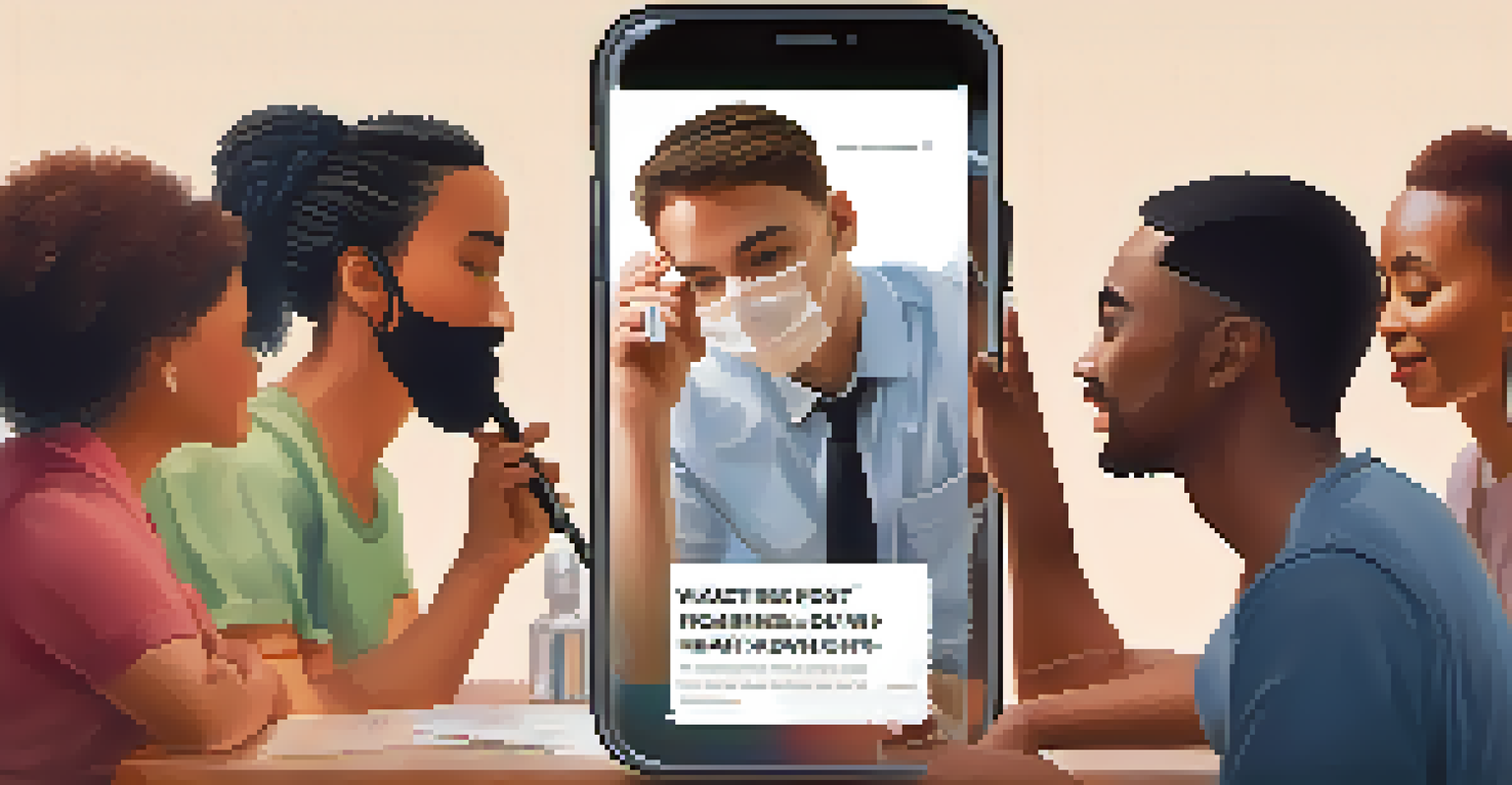 A close-up of a smartphone showing a social media post about vaccination, with friends discussing it in a warm and friendly setting.