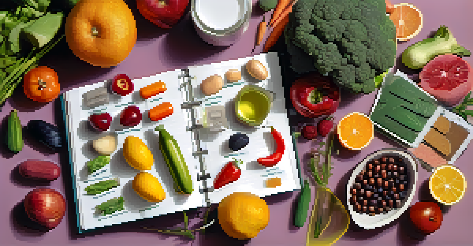 A table with health supplements, fruits, and vegetables, along with a notebook and pen in natural sunlight.