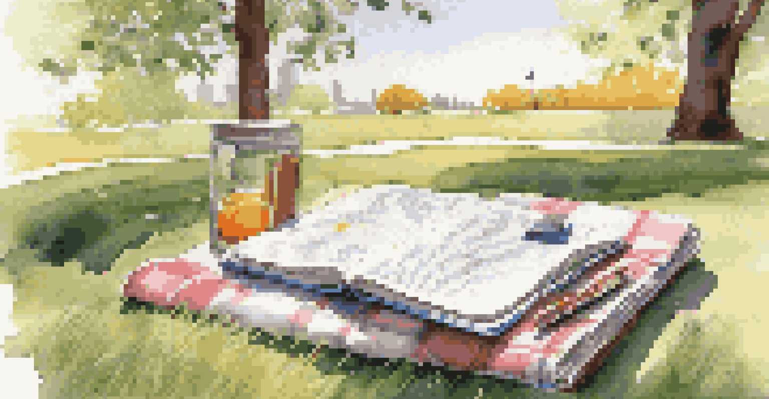 An outdoor journaling setup with a picnic blanket, an open journal, and colorful pens in a park.