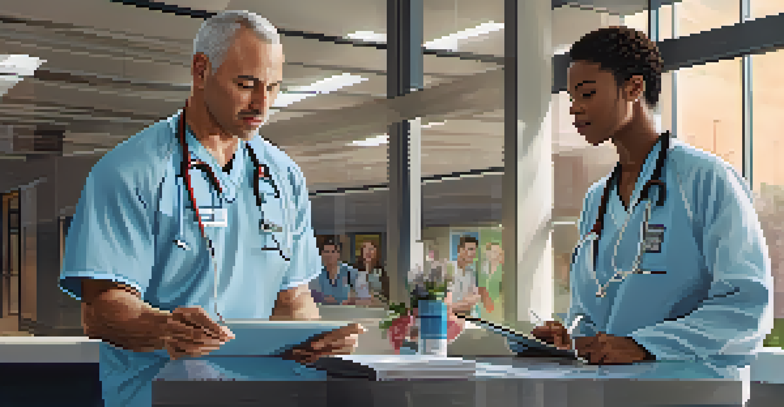 A coach and a medical staff member discuss athlete care over a tablet in a bright sports facility.