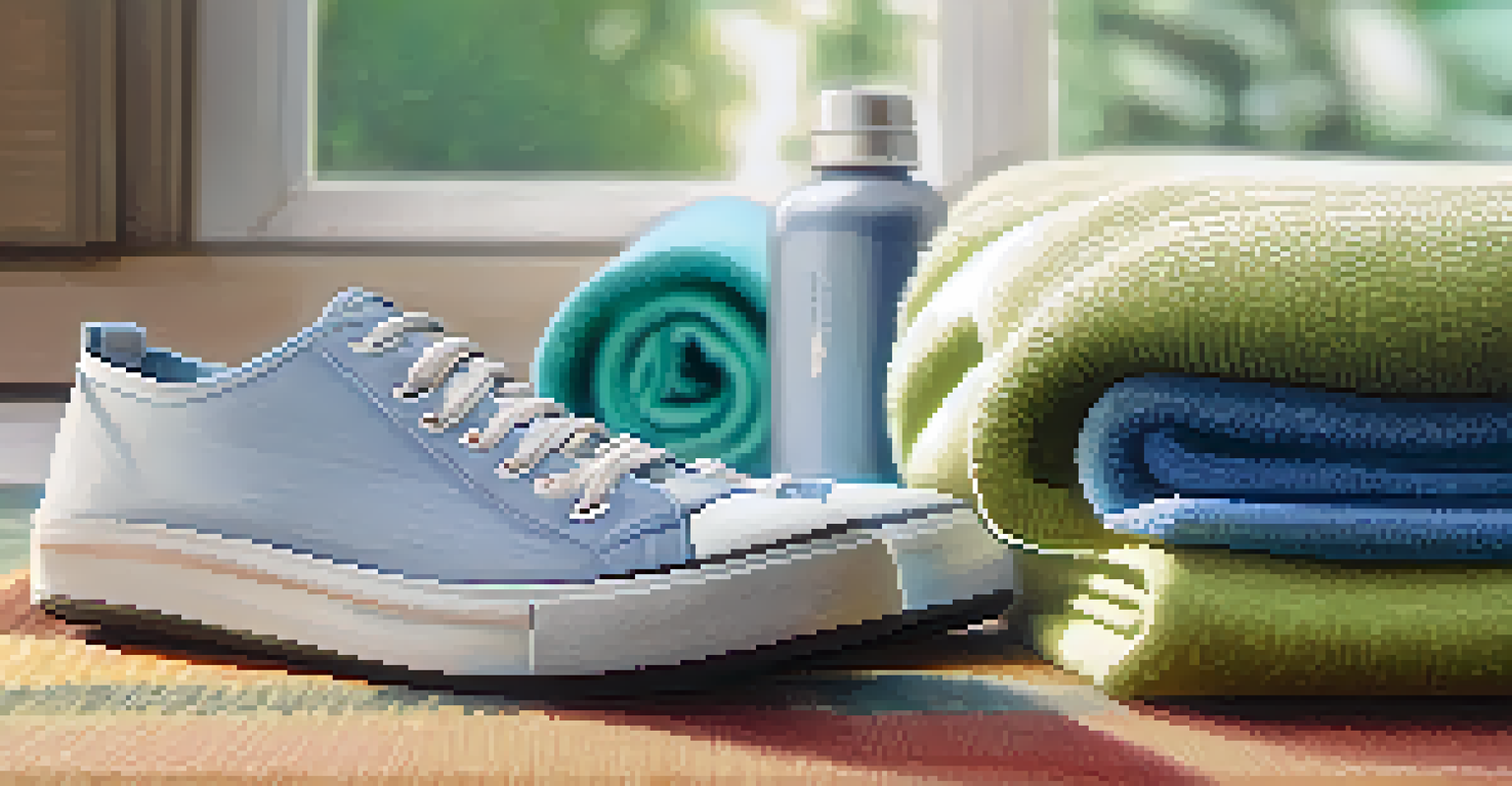 A close-up of sneakers on a yoga mat with a water bottle and towel, illuminated by soft natural light, creating a peaceful atmosphere.