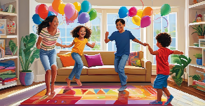 A family dancing together in a bright living room filled with balloons and streamers.