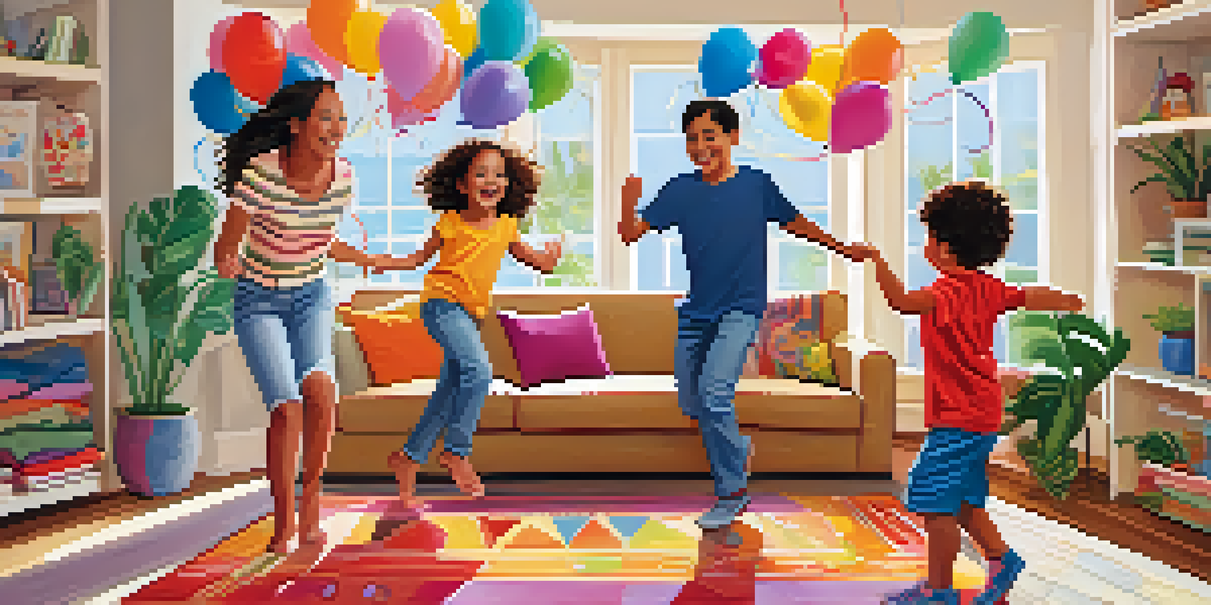 A family dancing together in a bright living room filled with balloons and streamers.