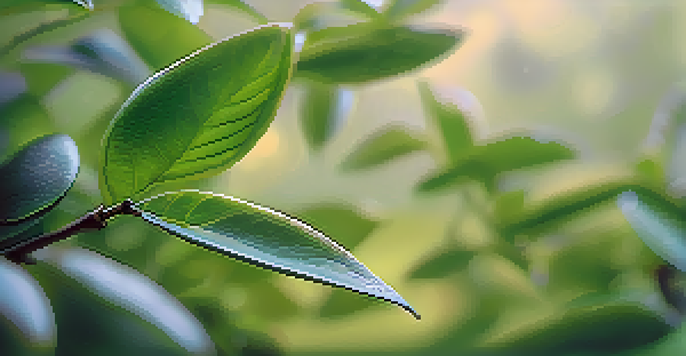 A close-up of glistening green tea leaves in a garden, with soft morning light and blurred flowers in the background.