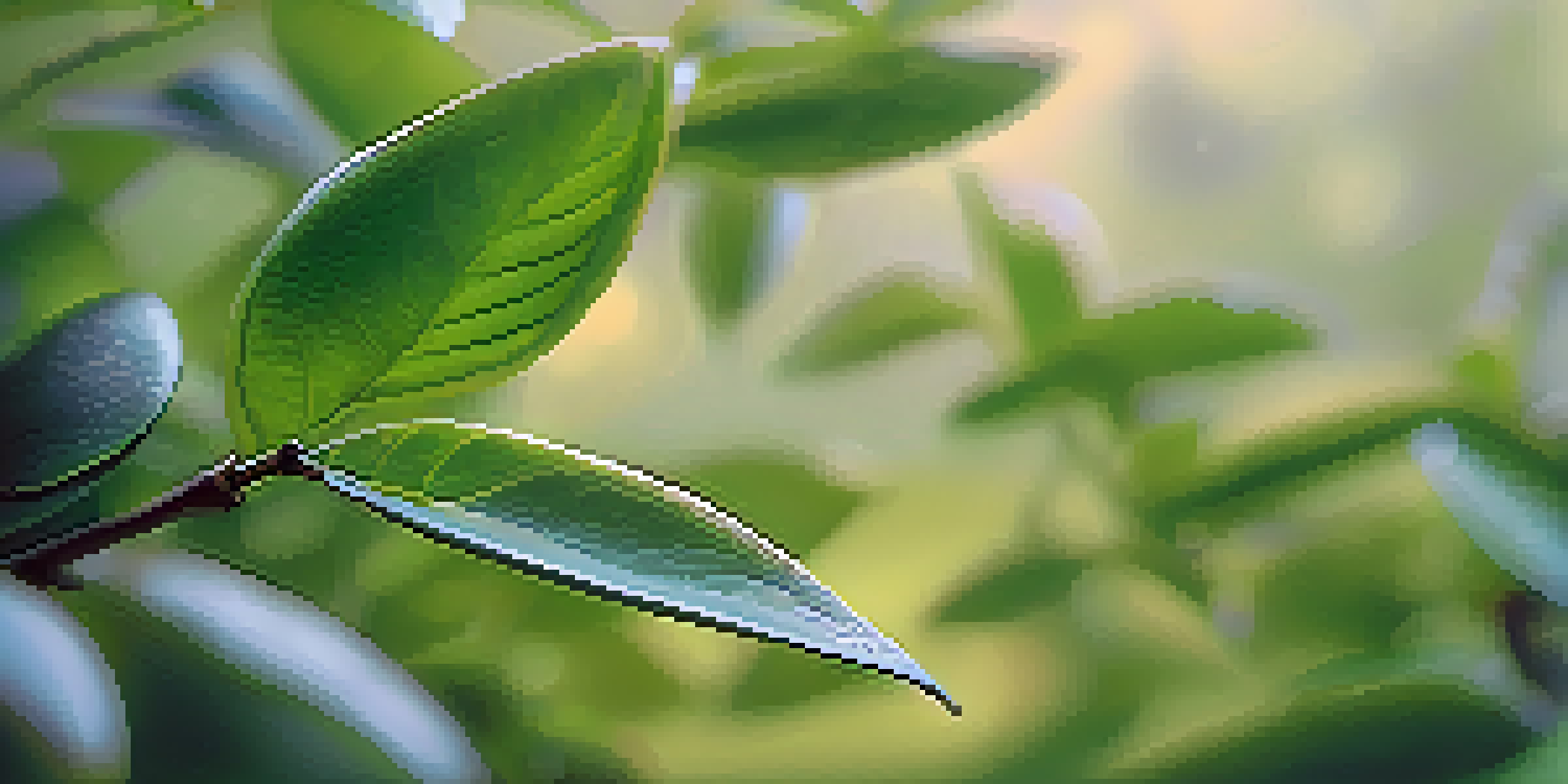 A close-up of glistening green tea leaves in a garden, with soft morning light and blurred flowers in the background.