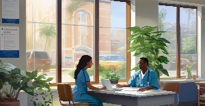 A healthcare provider in a bright room discussing health screenings with a patient, with plants and medical posters in the background.