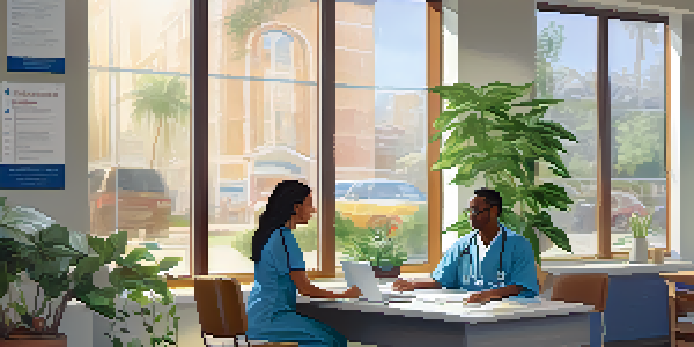 A healthcare provider in a bright room discussing health screenings with a patient, with plants and medical posters in the background.