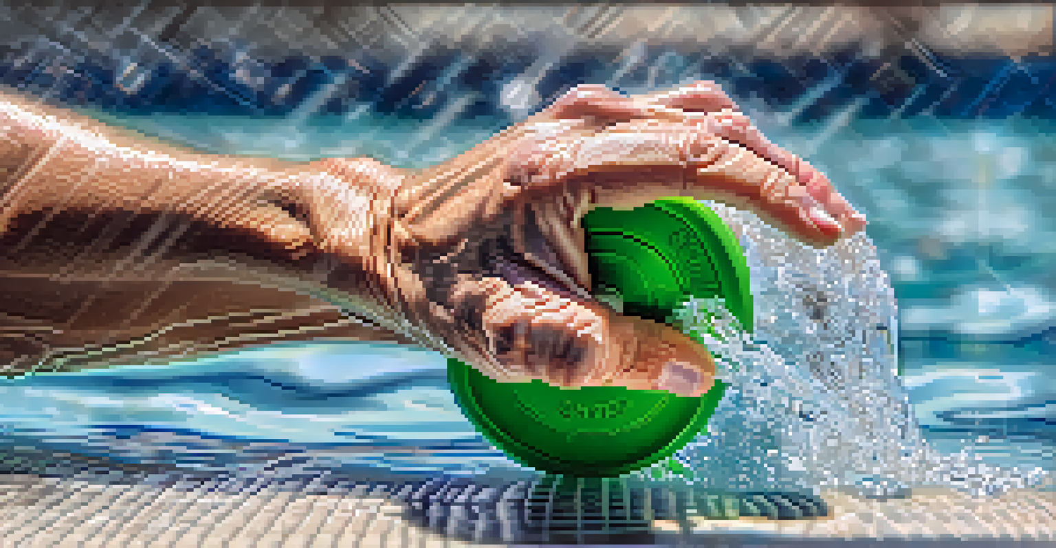 A close-up of a senior's hand gripping a water dumbbell in a pool, highlighting the textured grip and gentle water ripples.