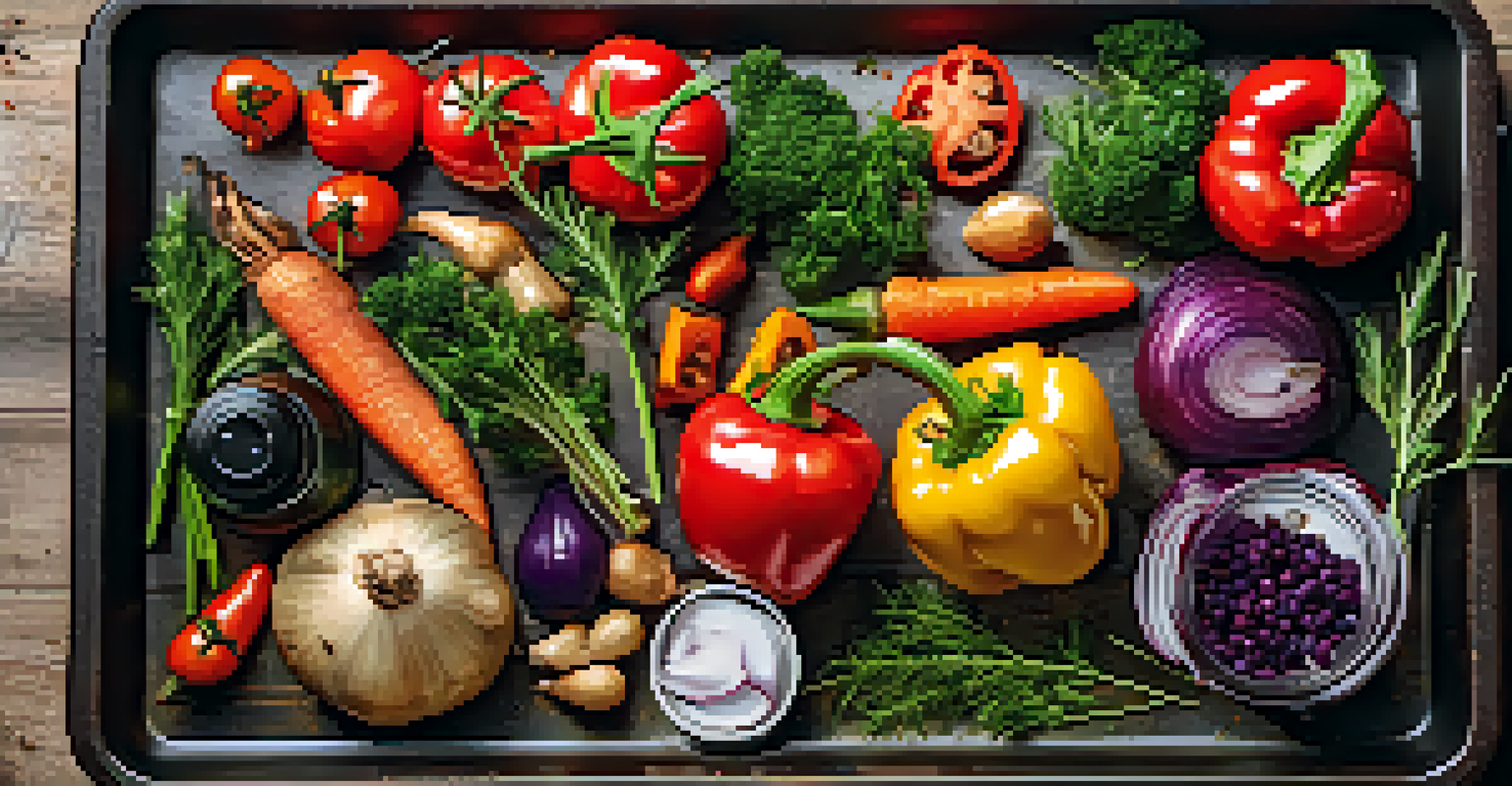 A colorful sheet pan meal with roasted vegetables and seasoned protein on a rustic wooden table.