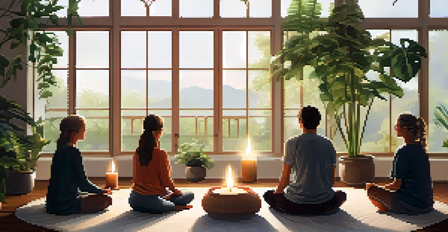 A group of individuals meditating in a circle indoors, surrounded by candles and plants.