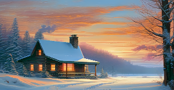 A peaceful winter scene featuring a snowy field, a warm-lit cabin, and a colorful sunset sky.