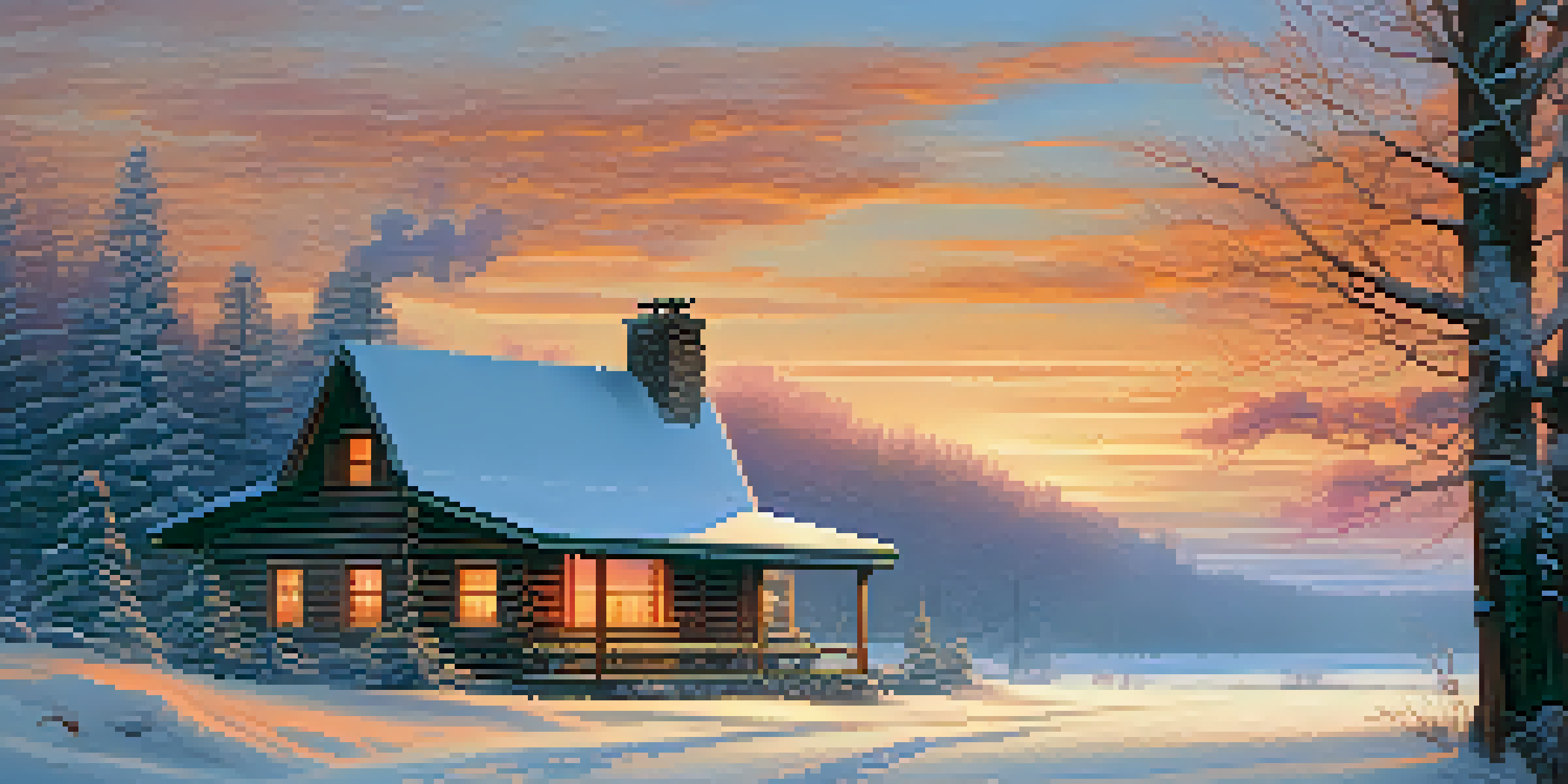 A peaceful winter scene featuring a snowy field, a warm-lit cabin, and a colorful sunset sky.