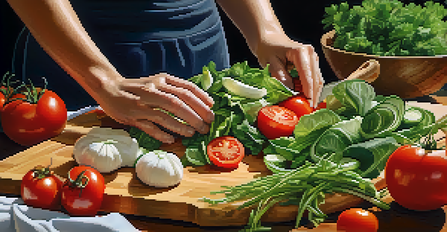 Close-up of hands chopping seasonal vegetables to prepare a colorful salad on a wooden cutting board.