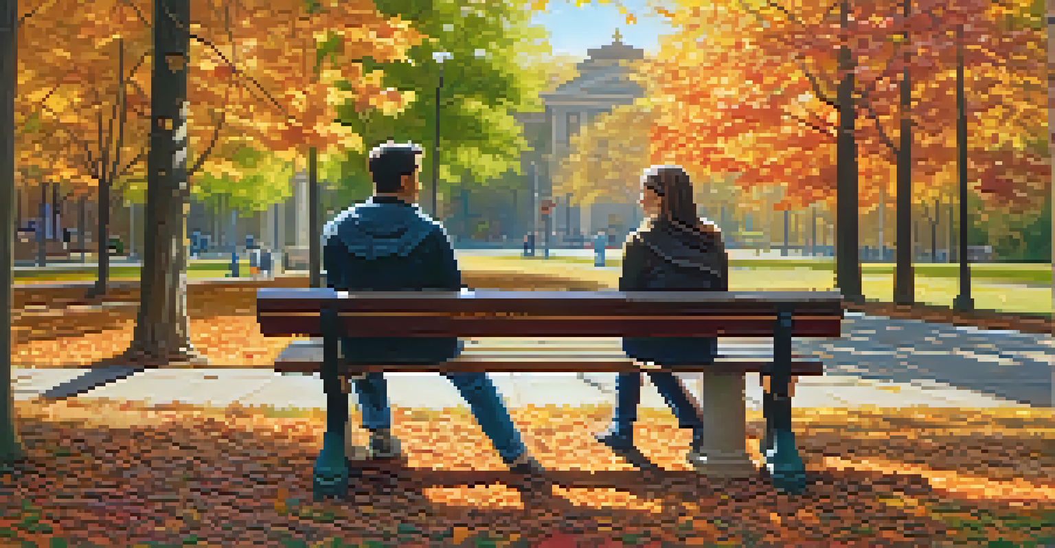 A couple sitting on a park bench, one partner listening supportively while the other shares their feelings, surrounded by nature.