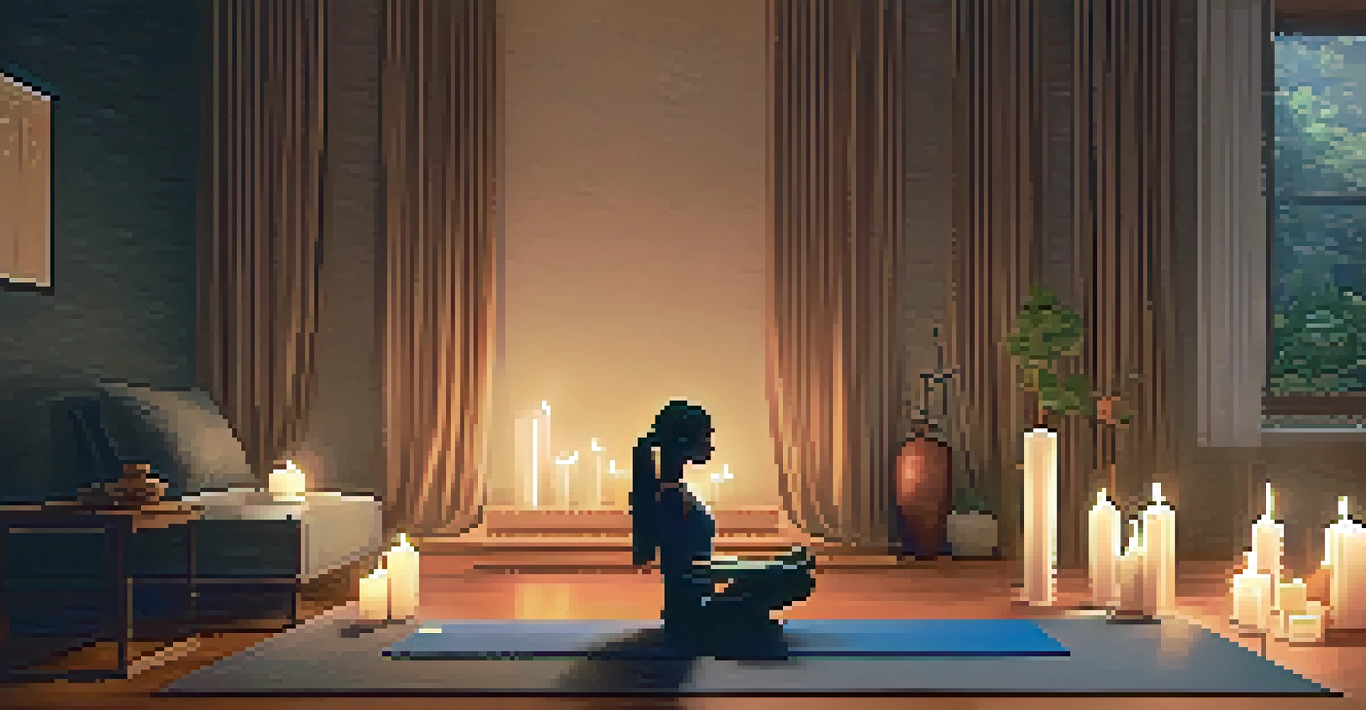A person practicing gentle yoga in a cozy, dimly lit room filled with candles, promoting relaxation and a calming atmosphere.