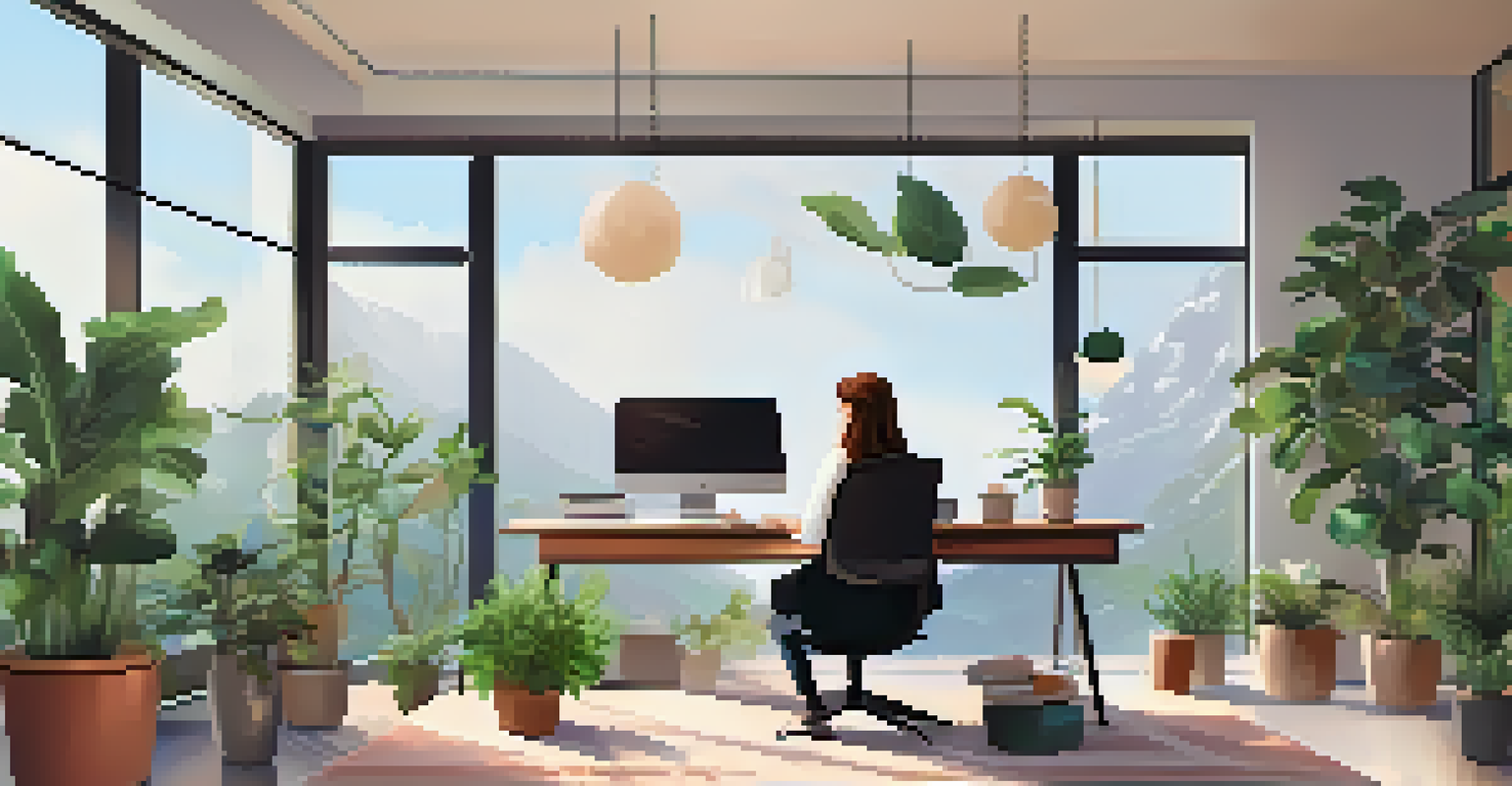 A tranquil workspace showing employees working, practicing yoga, and taking a wellness break, surrounded by plants.