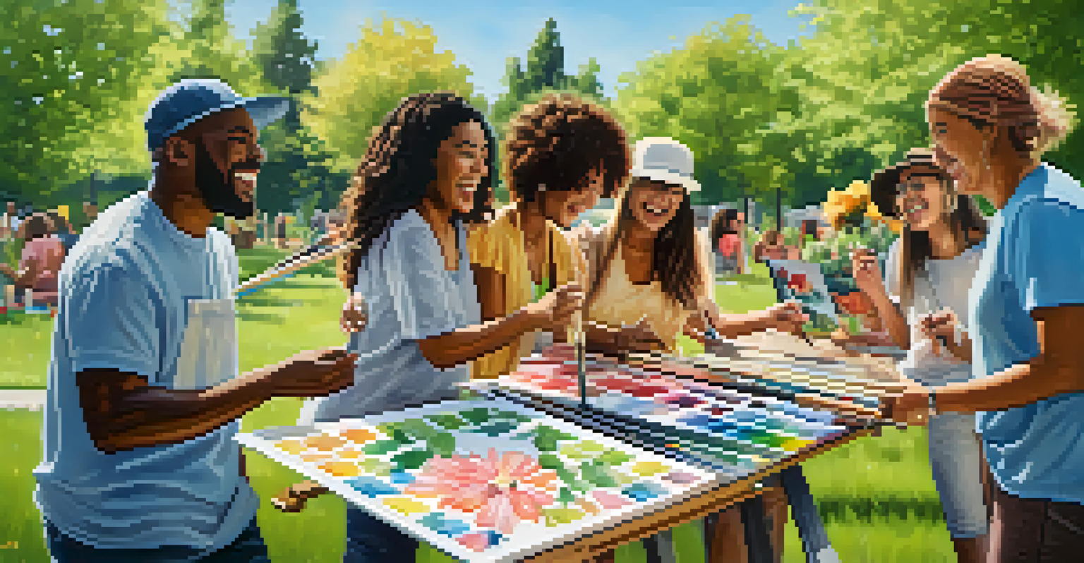 A diverse group of people enjoying a collaborative art workshop in a park, surrounded by nature and vibrant colors.