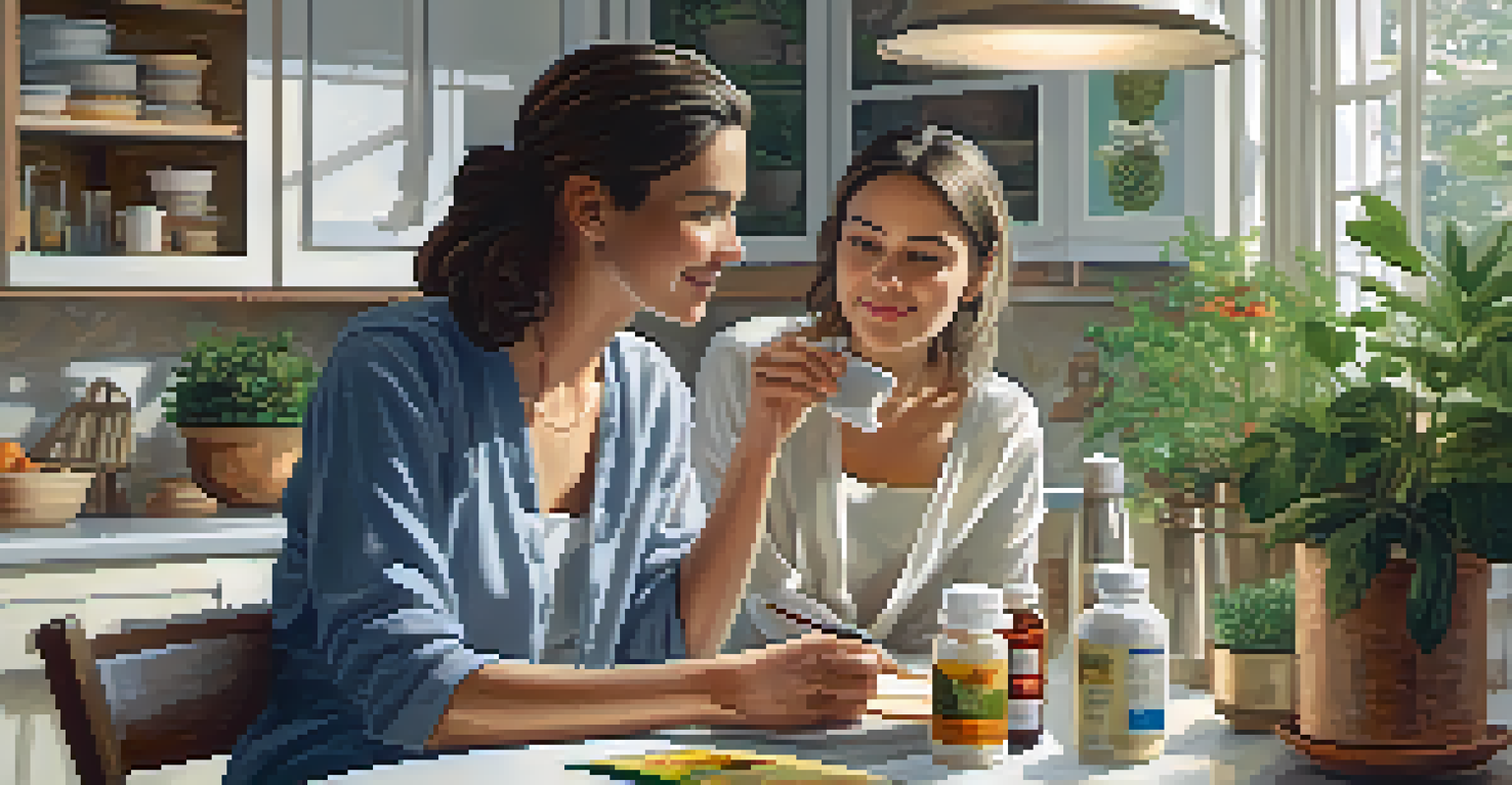 A young woman discussing folate supplements with a healthcare provider in a bright, modern kitchen.